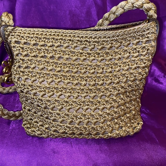Luxy crossbody bag . Crocheted. Gold color. 9 inches wide x 7 inches tall. - Picture 3 of 7